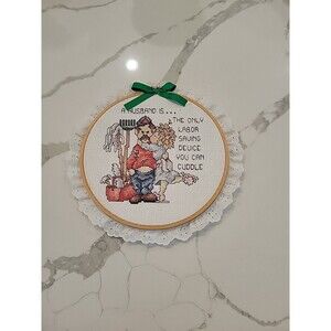7.5" Vtg Hand Needlepoint Hoop Framed Art w/ Lace Trim "A Husband Is"... Kitschy